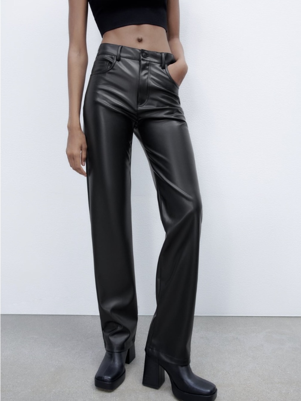 Zara Black Faux Leather Straight-Leg Pants